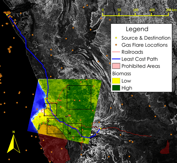 LCP over a SRTM image of slope and a Landsat 8 tile merged with one of biomass estimated from MODIS Normalized Difference Vegetation and Leaf Area Indices in Luanda. Note that (1) the LCP diverts to avoid populous areas, (2) avoids prohibited areas, (3) runs parallel to railroads, and (4) avoids areas of high biomass density. Image Credit: Central Africa Energy Team. 