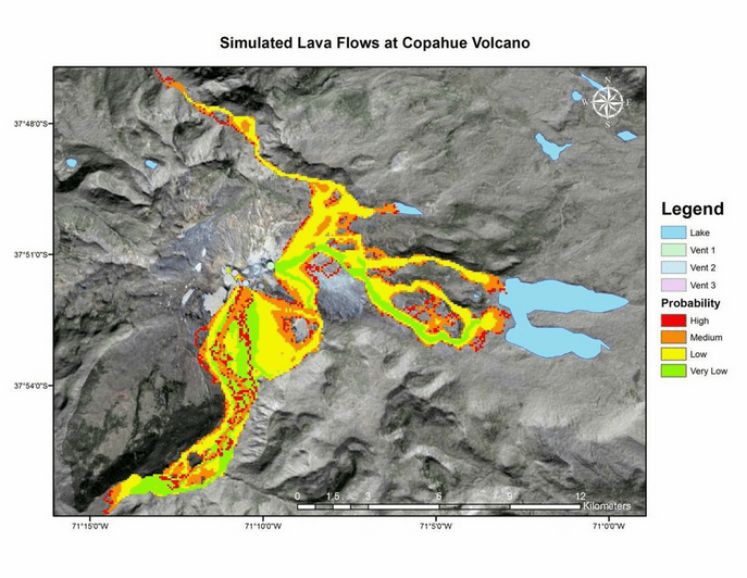 This image depicts lava flow probability that was modeled for the Copahue volcanic region using the Volcanic Risk Information System (VORIS). Image Credit: Andes Disasters Team.