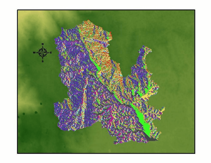This image shows the flow direction across La Mosca Watershed. This data was used to determine the shape of the watershed and the drainage basins. Image Credit: DEVELOP Tech Team.