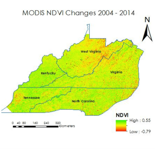 Changes in NDVI observed between 2004 and 2014 in the Central Appalachian region. Image Credit: Appalachia Energy Team.