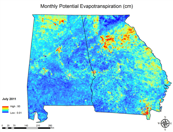 Visual representation of monthly potential evapotranspiration (cm) for Alabama and Georgia. 