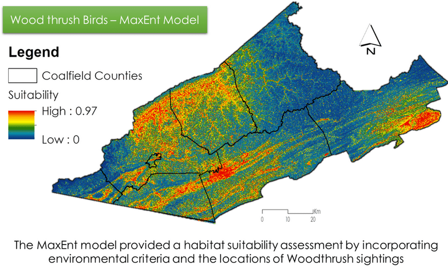 Results from MaxENT model for Woodthrush species showing habitat suitability in  Southwest Virginia. 