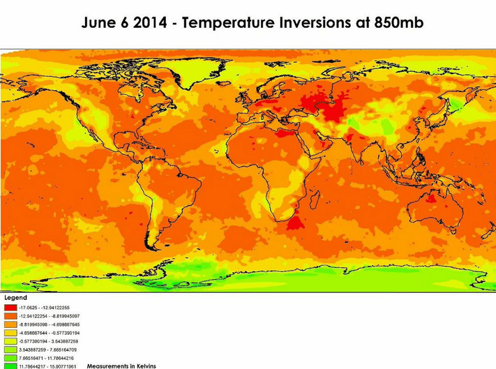 Temperature inversion conditions (orange and red areas) on 2014, calculated from AIRS data mapped on a global scale.