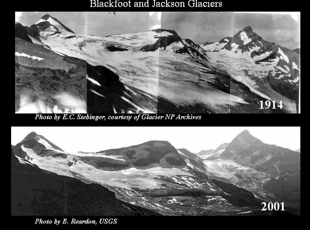 In 1914, Blackfoot Glacier spanned the field of view in the top photograph. In the lower image, taking at the same spot in 2001, Blackfoot Glacier has been broken into several much smaller glaciers. Image Credit: USGS.