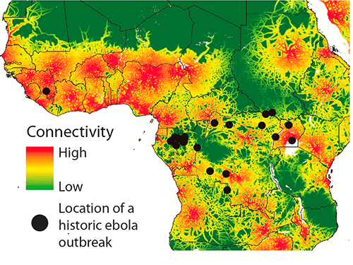 In this map, connectivity by travel time is shown in color with red indicating high connectivity ÛÒ shorter travel time ÛÒ and green indicating low connectivity ÛÒ longer travel time. Black dots represent outbreaks of Ebola since 1976. Image Credit: PLOS Currents.