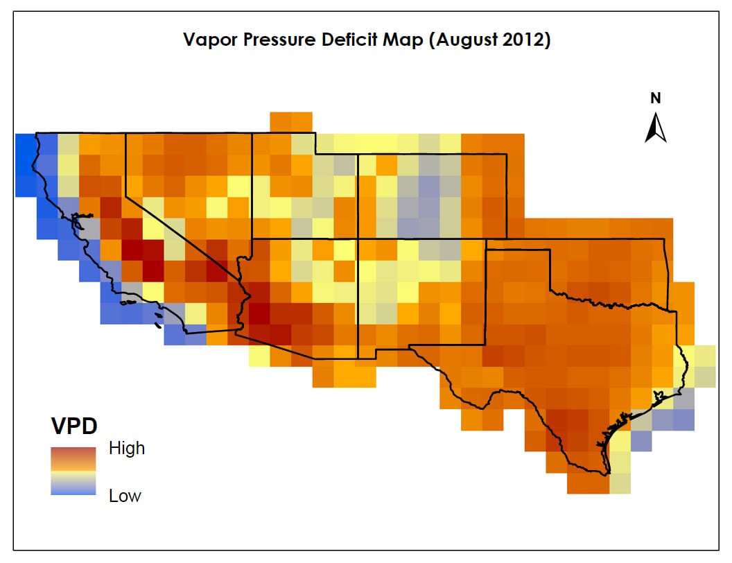 This image depicts the vapor pressure deficit in the southwest United States for the month of August 2012. Image Credit: Western U.S. Disasters Team.
