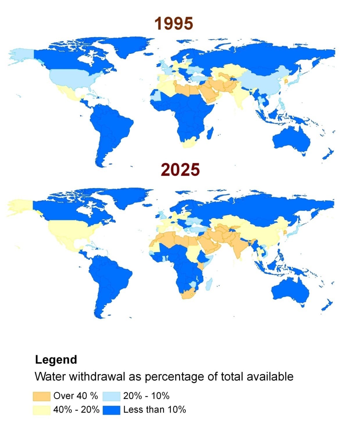 Figure 1. Uneven distribution of water stress projected in the future based on human demand and natural availability. Image Credit: United Nations Environmental Program (UNEP) and American Society of Civil Engineers. 