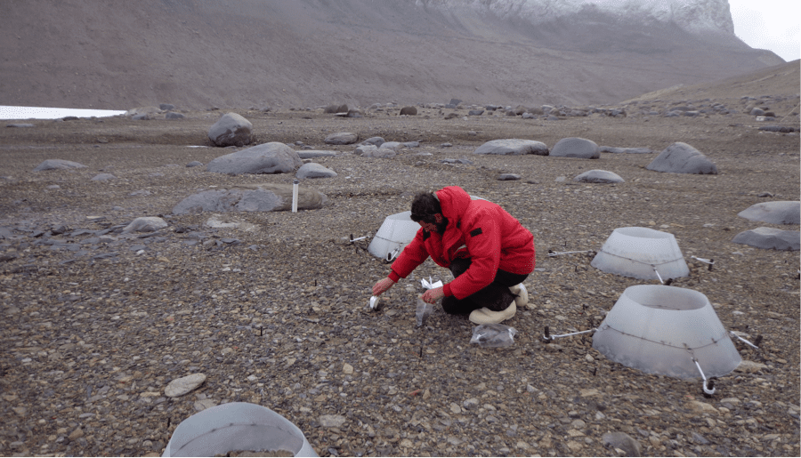 Mathew Know collects soil from Taylor Valley, Antartica to quantify soil animals. Photo credit: Tandra Fraser