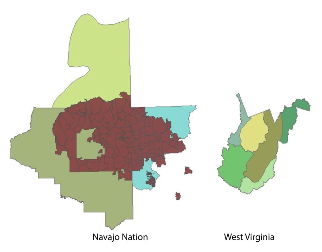 Image showing the three climate divisions encompassing the Navajo Nation versus the six in West Virginia. Image Credit: Cheryl Cary