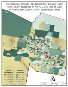 Hottest 30 percent daily surface temperature averages per census tract mapped by percent occurrence throughout season. Points represent survey responses where participant doesn't use air conditioning due to cost. Image Credit: Arizona Health and Air Quality Team 