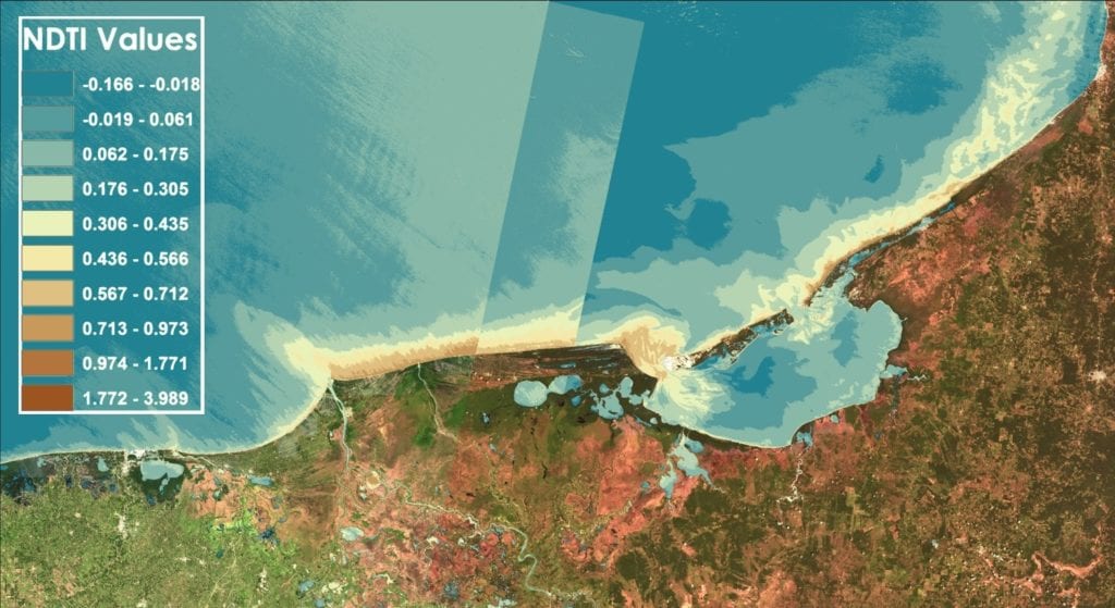 Normalized Difference Turbidity Index (NDTI) generated from Landsat 8 Operational Land Imager (OLI) scenes in the Bay of Campeche. Image Credit: Mexico Water Resources Team 