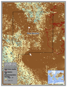 Modeled Evapotranspiration (ET) within New Mexico. Blue indicates high ET while brown indicates low ET. ET was derived using the Priestley-Taylor based Evapotranspiration method and MODIS data. Image Credit: New Mexico Agriculture and Water Team 
