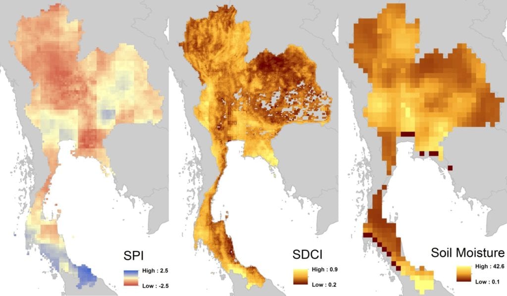 Standardized Precipitation Index (SPI), Scaled Drought Condition Index (SDCI), and Soil Moisture over the Kingdom of Thailand for April 2005. Image Credit: Thailand Disasters Team 