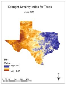 Drought Severity Index for the state of Texas in June 2011. Lower values (browns) represent areas of more significant drought conditions, while higher values (blues) indicate areas less affected by drought. The DSI was designed to range the values of drought severity from no less than zero to no higher than one. When viewing this map, it is clear that the drought conditions increased in severity from central to west Texas. East Texas, however, remained relatively wet. Image Credit: Texas Water Resources Team  