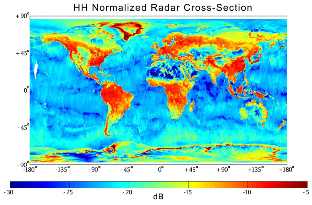 Figure 1: SMAP produced this map of soil moisture between March 31 and April 3 , 2015, as a test of the radar and radiometer instrumentation. Weaker radar signals (shown in blue) correspond to low soil moisture, while stronger (red) signals show high soil moisture. Image Credit: NASA 