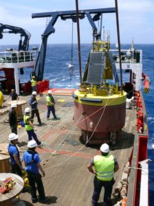 The Oceanic Platform of the Canary Islands (PLOCAN), which coordinates NeXOS, deploys the ESTOC open-ocean observatory north of the Canary Islands. NeXOS sensors will be demonstrated on this reference mooring, in 3670-meter water depth. Image Credit: PLOCAN 