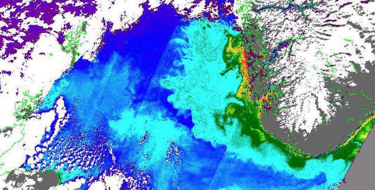 An algae bloom in the North Sea. Image Credit: Nansen Environmental and Remote Sensing Center (NERSC)