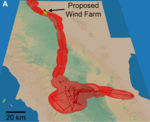 A map of the condor home range (in red) and the proposed wind farm in Baja, California. Image Credit: Tracey, et. al, PLOS ONE