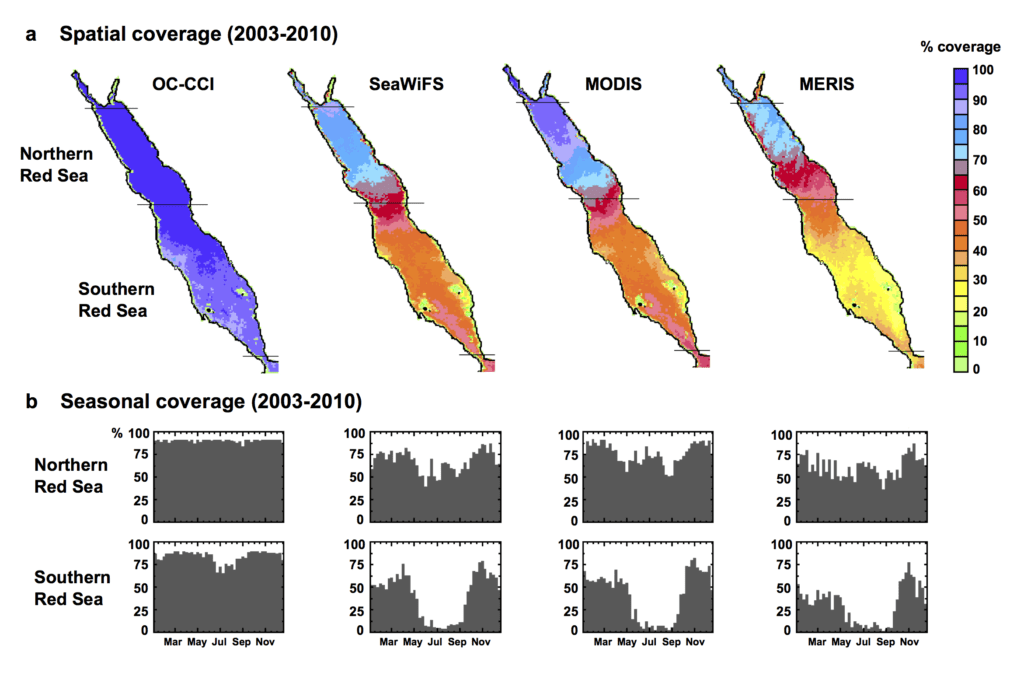 Figure 4: Data coverage from different ocean-color products in the Red Sea. Spatial and seasonal coverage of chlorophyll data for the period 2003ÛÒ2010 for the merged product ESA OC-CCI (which includes data processed using POLYMER atmospheric correction algorithm12 for MERIS, and using SeaDAS algorithm for SeaWiFS and MODIS), and for each individual sensor SeaWiFS, MODIS and MERIS (data processed using SeaDAS atmospheric correction algorithm for all three sensors). Image Credit:  Racault et al., 2015