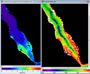 Figure 2: Maps of phytoplankton chlorophyll and coral reef location in the Red Sea. Screenshot of the LearnEO! lesson activity showing maps of chlorophyll concentration from the merged product ESA OC-CCI (left panel), and of bathymetry and coral reef data from UNEP-WCMC (right panel). The color scale on the left indicates the chlorophyll concentration in mgChl/m3. The color scale on the right indicates the depth of the Red Sea basin in meters, and each white square represents the position of a coral reef. Image Credit: LearnEO! lesson on Monitoring Phytoplankton Seasonality 