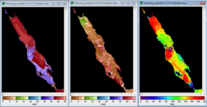 Figure 3: Maps of phytoplankton phenology in the Red Sea. Screenshot of the LearnEO! lesson activity showing maps of timing of initiation (left panel), timing of peak (central panel) and duration (right panel) of the phytoplankton growing period. In the left and central maps, the color scale indicates the week when phytoplankton growth starts and peaks. The color scale on the right map provides information on how many days the phytoplankton grows. Image Credit: LearnEO! lesson on Monitoring Phytoplankton Seasonality 