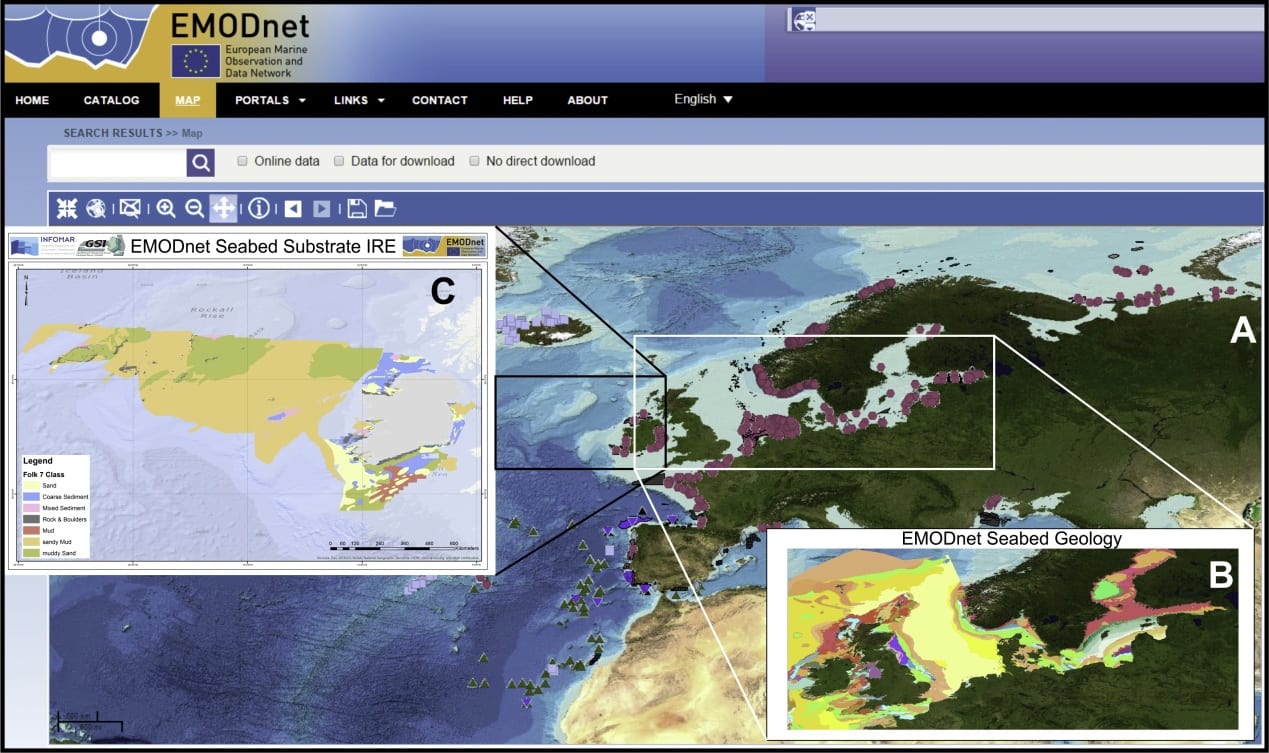 Fig 3: Images from the EMODnet Geology portal, August 2015  A: Distribution of marine minerals deposits data, as displayed on the EMODnet Geology portal  B: 1:1 million Seabed geology map, as displayed on the EMODnet Geology portal  C: Irish Seabed Substrate map developed, using folk 7 classification, for EMODnet Geology 