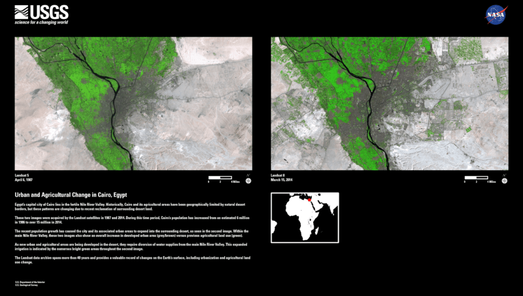 Urban and agricultural change in Cairo, Egypt, 1987 and 2014. Image Credit: Landsat data (2014)/USGS