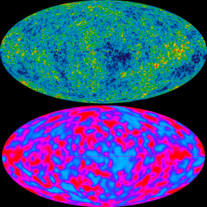 Maps of anisotropies in the CMBR created by COBE (top) and WMAP (bottom). Image Credits: NASA, NASA