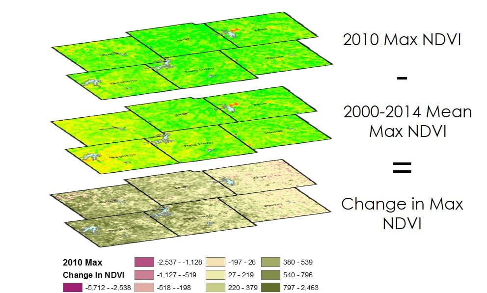 Yearly change from 2000-2014 mean NDVI parameters were calculated to help determine fire-sensitive phenoregions within the study area. Image Credit: Texas Disasters II Team 