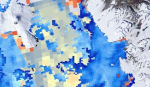 MODIS-derived sea and sea ice surface temperature within western McMurdo Sound, Antarctica. Darker colors represent colder temperatures and lighter colors represent warmer temperatures. Image Credit: Antarctica Climate Team 