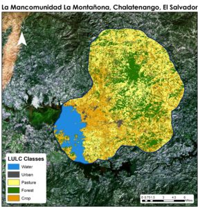 The results of an ArcGIS maximum likelihood classification; a Land Use Land Cover (LULC) map of La Moncomunidad La Montañona with five classes: Water, Urban, Pasture, Forest, and Crop. Image Credit: El Salvador Ecological Forecasting Team 