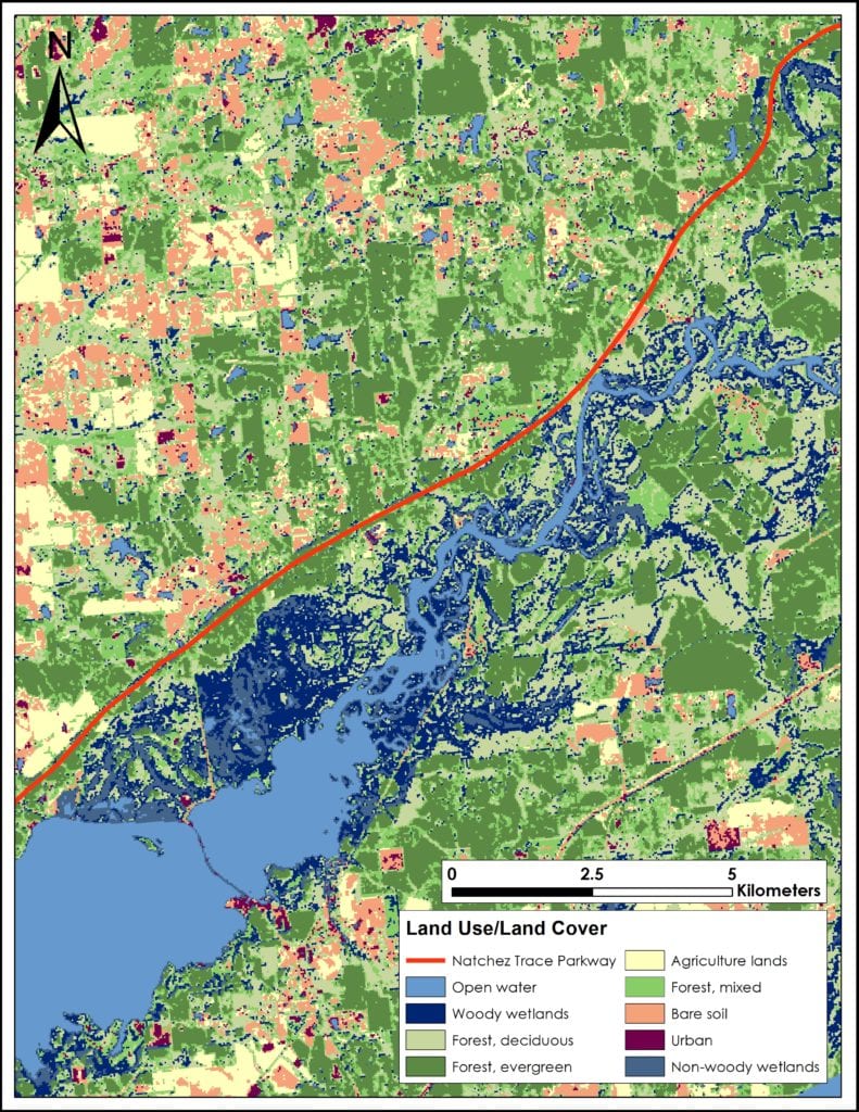 Land cover classification for January 2015 Landsat OLI data showing woody and non-woody wetlands along the Natchez Trace Parkway. Image Credit: Natchez Trace Eco Forecasting Team 