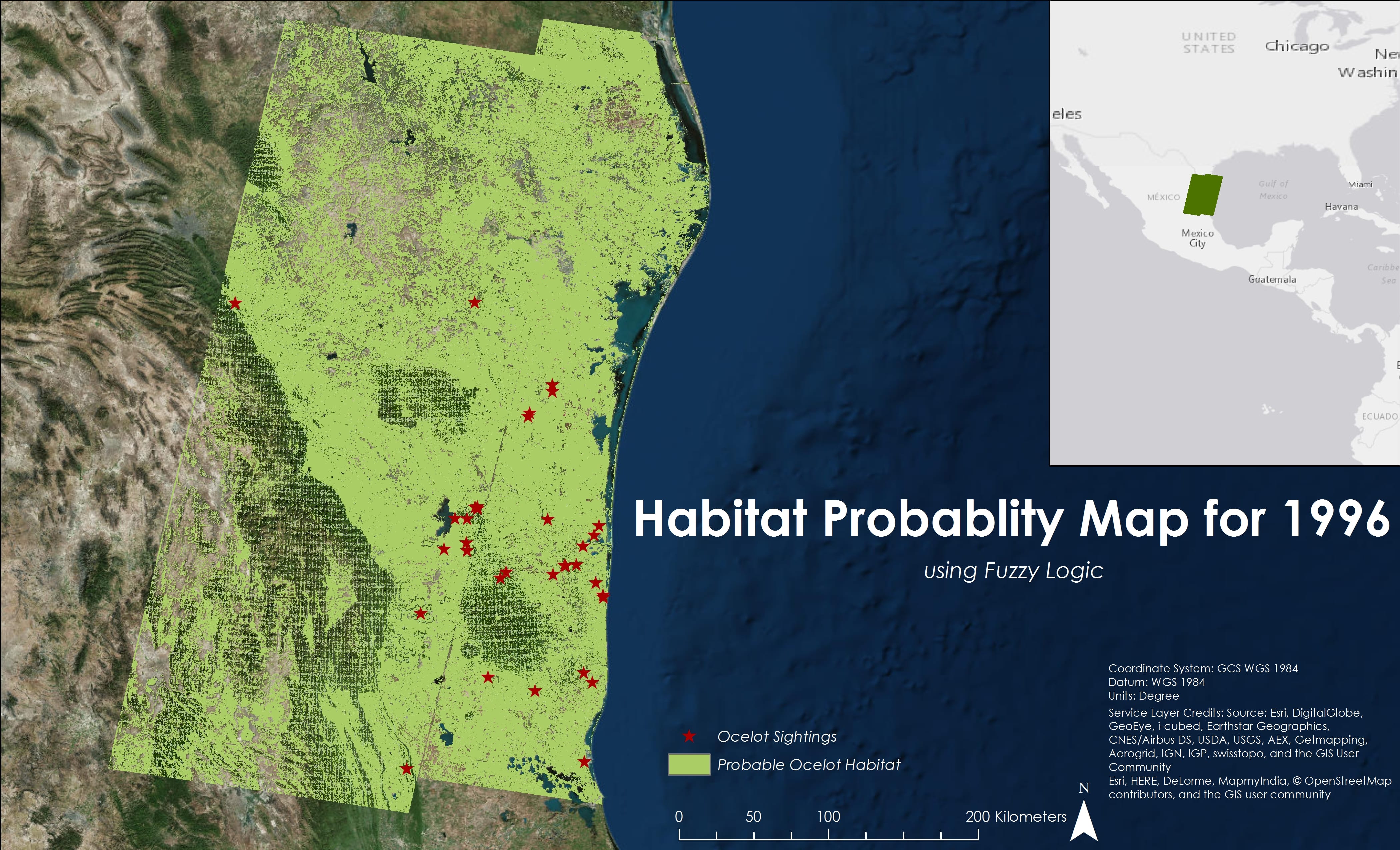 Habitat Probability Map created using Fuzzy Logic to show areas likely to be inhabited by ocelots. Image Credit: North Mexico Ecological Forecasting Team 