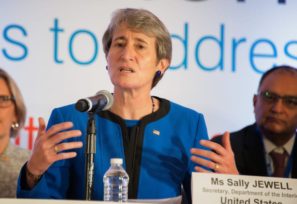 United States Secretary of the Interior Sally Jewell, speaking at the GEO-XII Plenary in Mexico City (Image credit: Osha Gray Davidson).