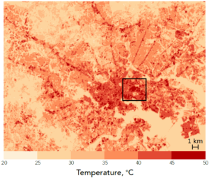 Figure 1: Advanced Spaceborne Thermal Emission Radiometer (ASTER) land surface temperature estimate for the greater Baltimore area, mid-morning, July 5, 2014. Image Credit: Anna Scott, Johns Hopkins University, derived from NASA data.