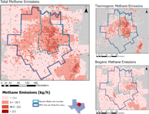 Methane emissions for the Barnett Shale region in October 2013 generated by the Barnett Shale campaign. Total emissions are a combination of fossil methane -- labelled as thermogenic methane -- and biogenic emissions from sources such as livestock and landfills. Image Credit: ACS