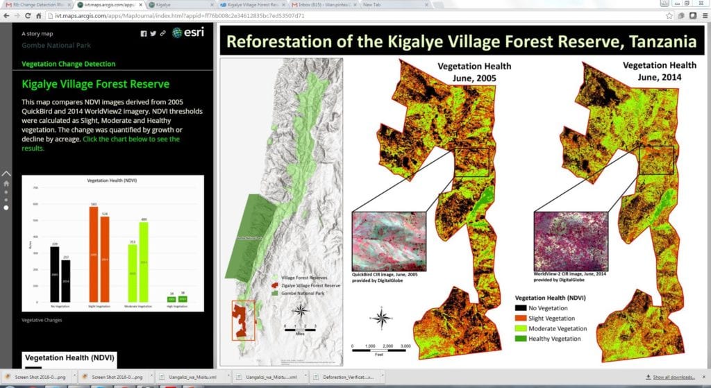 DigitalGlobe images depict the fruits of reforestation efforts in Gombe National Park from 2005 to 2014. Image Credit: DigitalGlobe