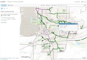 This map of urban greenways for Cheyenne could be generated for any community to determine existing greenways and how they might be expanded or linked. Image Credit: Jeff Wiggins 