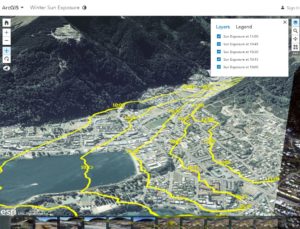 Determining shadows and sun at different times of the day and year, such as for Queenstown, New Zealand, can be accomplished through the application of mapping technologies. Image Credit: Esri, LINZ, DigitalGlobe 