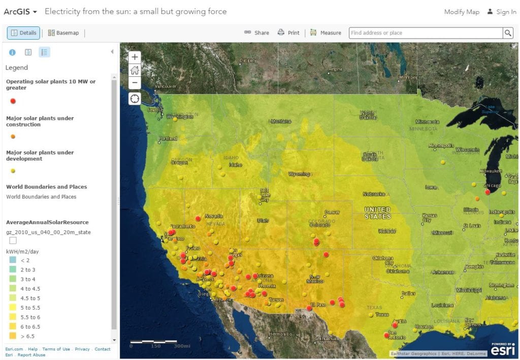 Use this map to analyze the solar potential for your region and existing and planned solar power generating stations. Image Credit: Esri