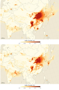 Figure 3: SO2 over China observed by OMI satellite, averaged over 2005-2007 (top) and 2011-2014 (bottom). Image Credit: NASA