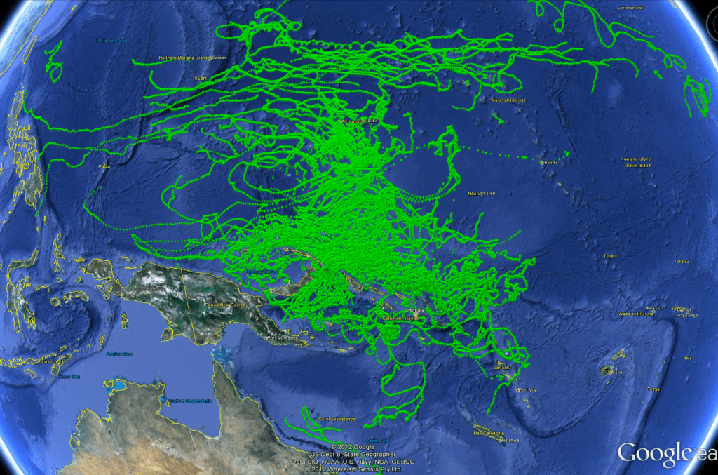 Purse seine vessels and gear in EThis Google Earth shows the paths of FADs belonging to just three vessels (typically vessels have about 100 FADs each) fishing in PNA waters over the course of six months. Image Credit: PNA Tuna