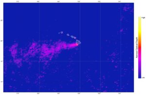 The Aqua and Terra MODIS mean July Aerosol Optical Depth for 2000-2015 demonstrates elevated aerosol levels (in pink) emitted from Kilauea Volcano, Hawaii. Image Credit: Coastal US Health & Air Quality Team