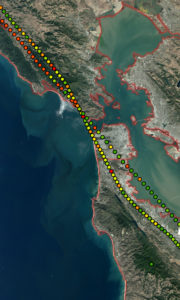 AJAX flight path over the San Francisco Bay Area with points indicating methane concentrations from low (green) to very high (red). Image Credit: San Francisco Bay Area Health & Air Quality team 