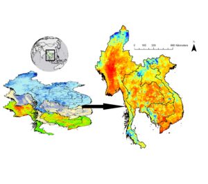 Precipitation, land surface temperature, and the Normalized Difference Vegetation Index are used to create the Scaled Drought Condition Index. Image Credit: Mekong River Basin Agriculture Team 