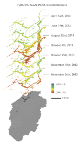 The Floating Algal Index (FAI) for April-November 2013 in the Elkhorn Slough, California Landsat 8 OLI imagery was analyzed to identify eutrophication hotspots. Image Credit: Elkhorn Slough team 