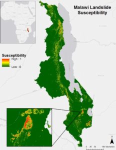 This map shows areas in Malawi that are susceptible to landslides using the MaxEnt Model. Image Credit: East Africa Disasters II Team 