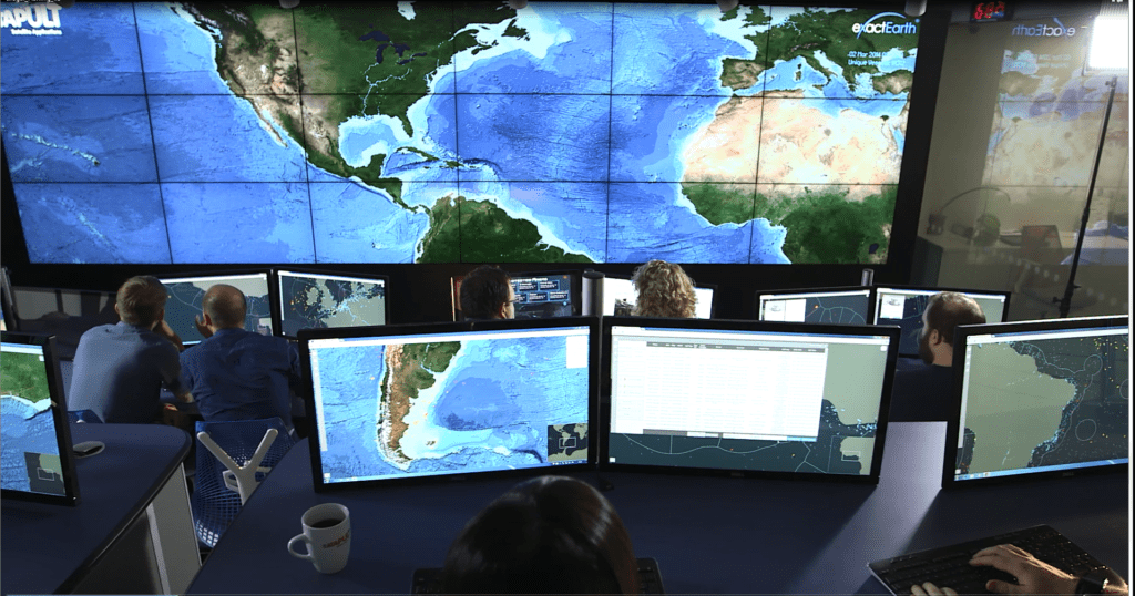 At the Satellite Applications Catapult “watch room”, analysts track data to help prevent illegal fishing. Image Credit: Satellite Applications Catapult Limited 2016