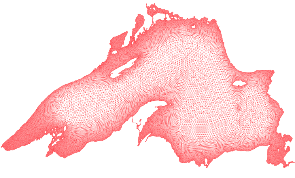 This image shows the triangular mesh grid that, when programmed for a variety of weather and water conditions, allows researchers to accurately model lake conditions on Lake Superior. Image Credit: Pengfei Xue