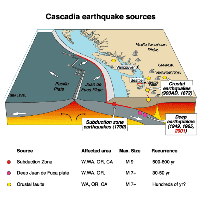 A schematic of the Cascadia subduction zone (CSZ), including recorded earthquakes. Image Credit: USGS 